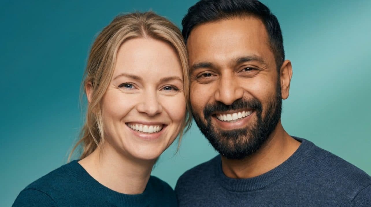Plakatbilde: Nærbilde av en kvinne og en mann som smiler bredt og genuint mot hverandre, mot en teal gradientbakgrunn