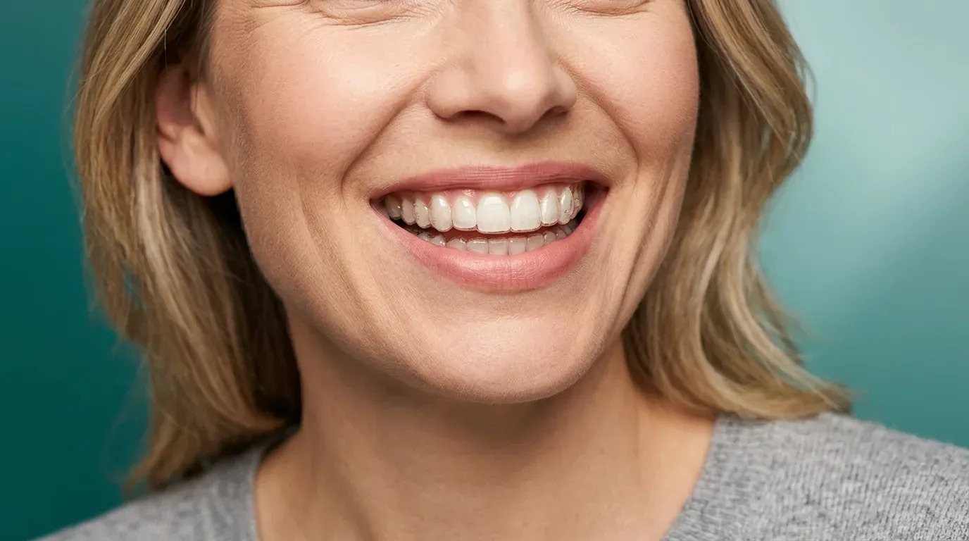 Nærbilde av kvinne som smiler med gjennomsiktig Invisalign-skinne på tennene