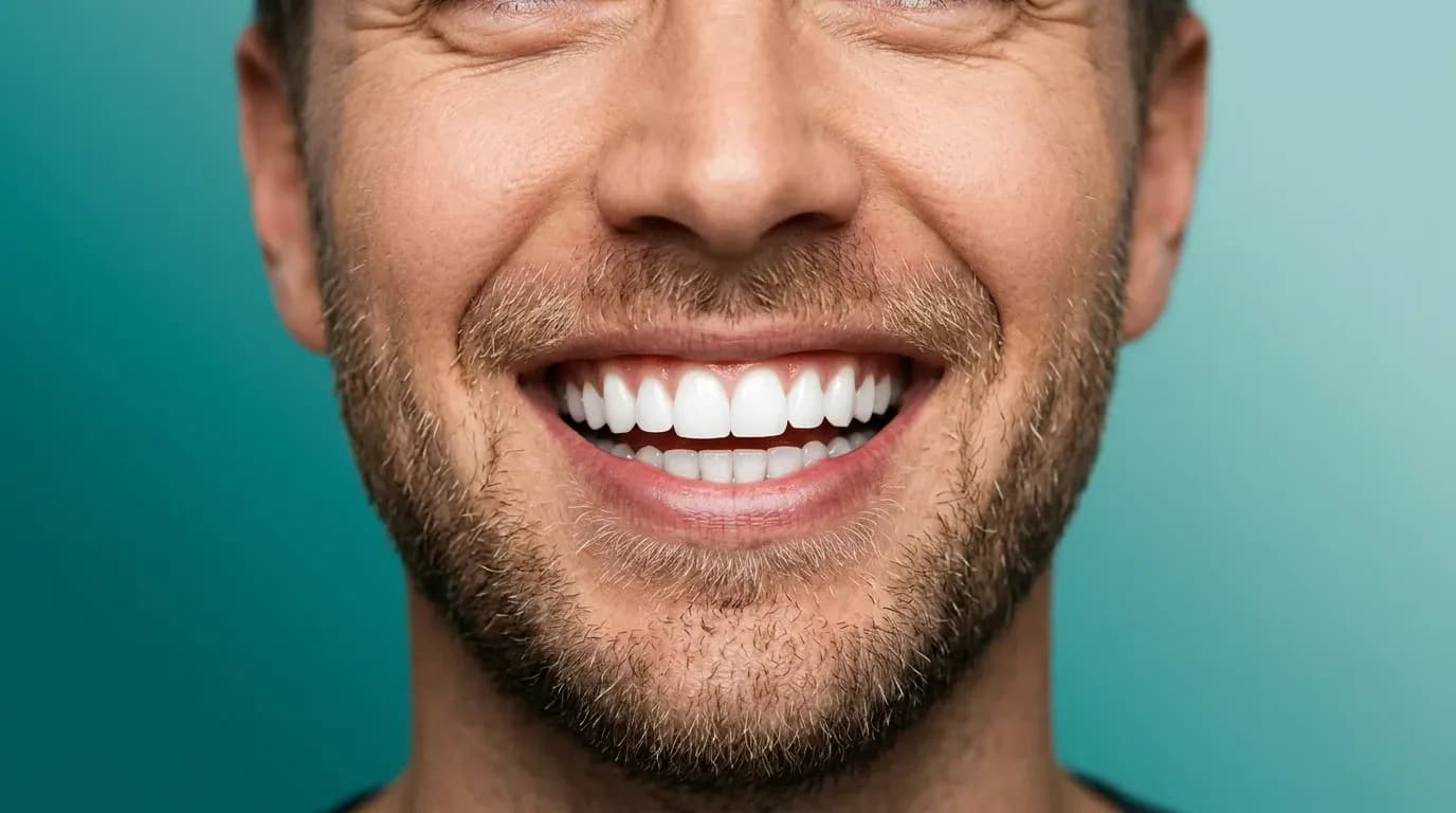 Nærbilde av mann som smiler bredt og viser skinnende hvite tenner mot turkis bakgrunn