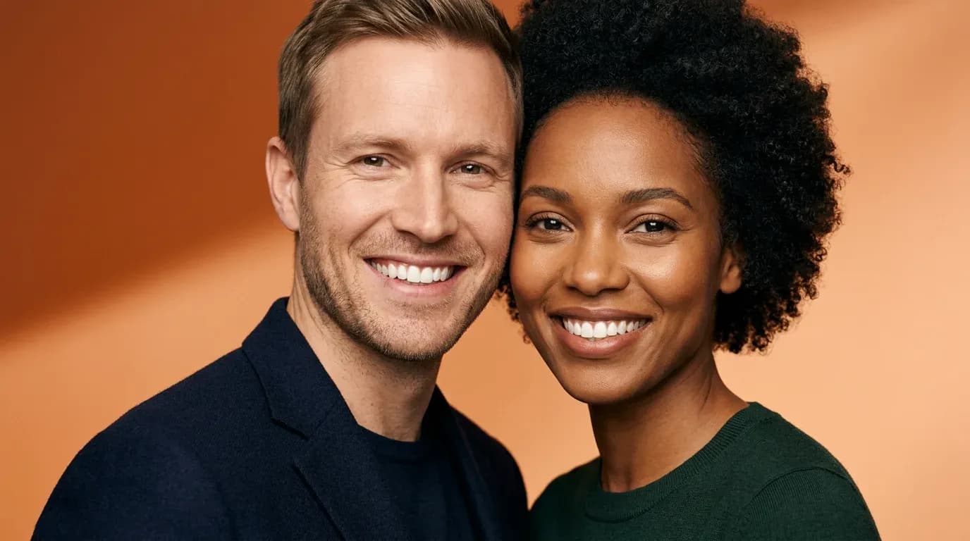 Nærbilde av en mann og en kvinne som smiler bredt med sunne, hvite tenner mot oransje bakgrunn